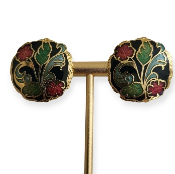 Vintage Black Floral Enamel Scalloped Edge Goldtone Setting Cloisonne Earrings - Picture 3 of 5